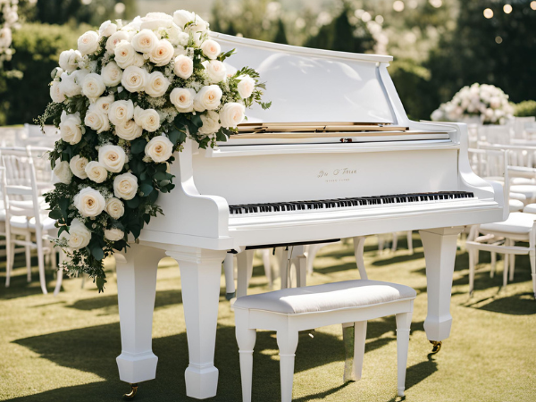 pianist bruiloft gezocht of boeken, prachtige vleugel op bruiloft ceremonie setting